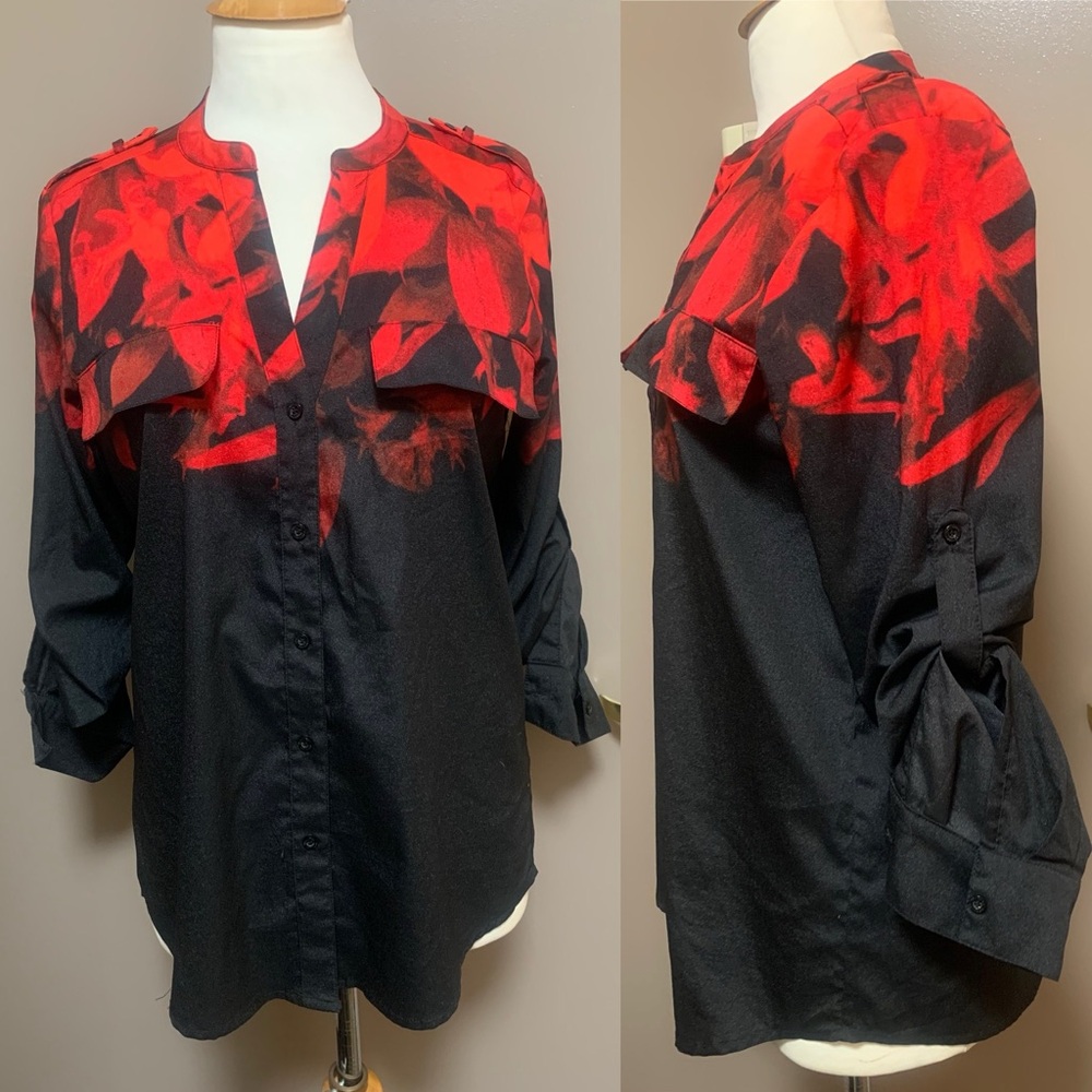 Calvin Klein red and black floral button-down blouse with roll-tab sleeves Sz S